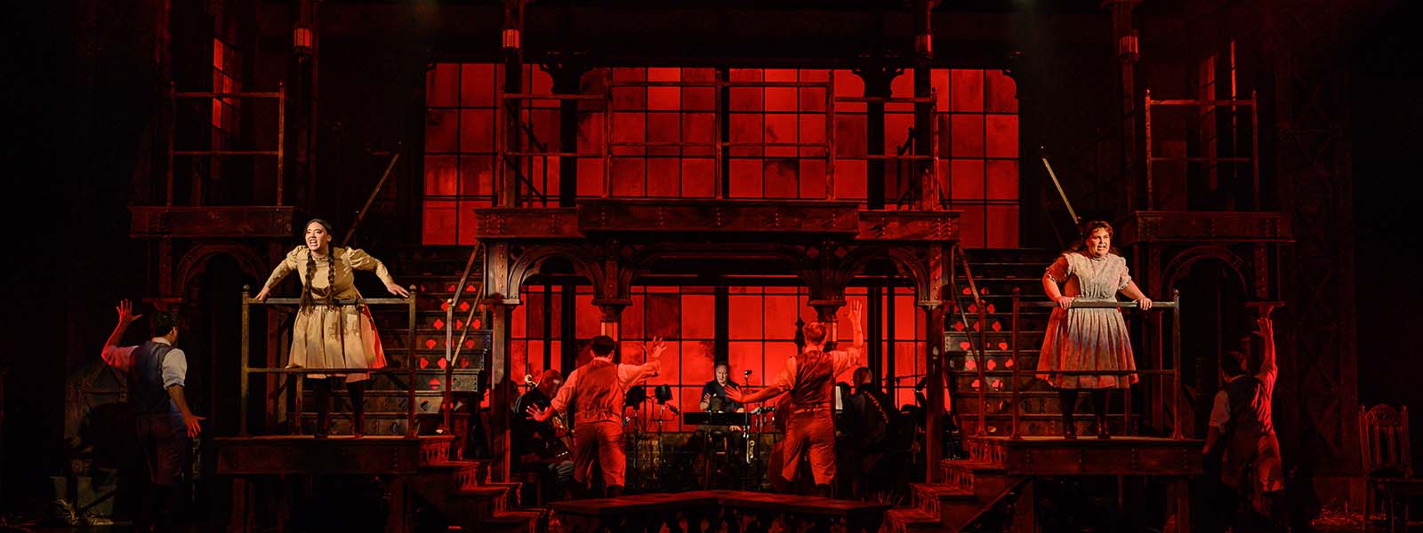 Design & Production students prepare the set, costumes, hair and makeup for performers from the School of Drama.