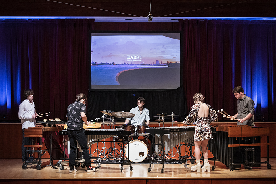 UNCSA Percusion Studio students Ben Burson, Miah Kay Cardoza, Ricky Hinojosa, Thompson Jones and Garrett Strauss performing "Kars 1" by Tigran Hamasyan, arranged for percussion by Ksenija Komljenović.