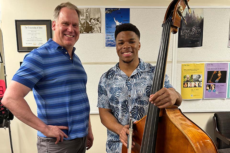 Gavin Hardy with Double Bass faculty member Paul Sharpe