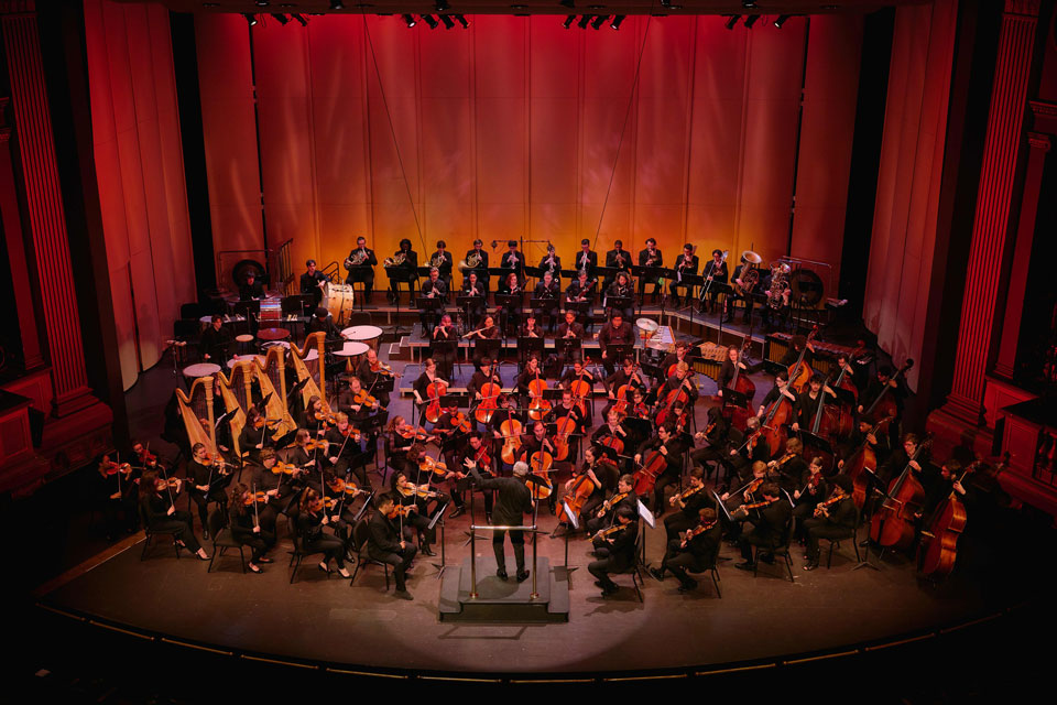 A large orchestra performs under the direction of a conductor, showcasing various instruments and musicians in harmony.  