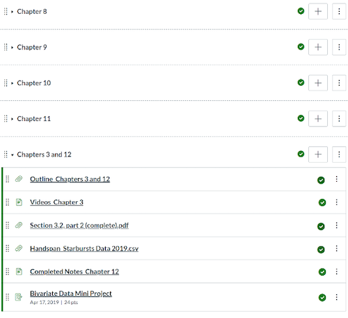 Canvas modules organized by chapter