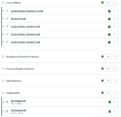 Canvas modules organized by content