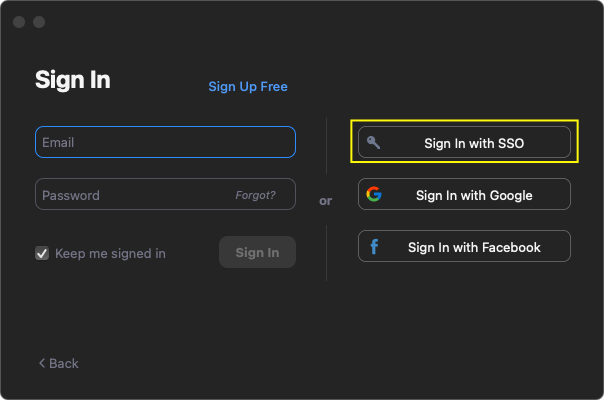 Zoom desktop app SSO sign in screen